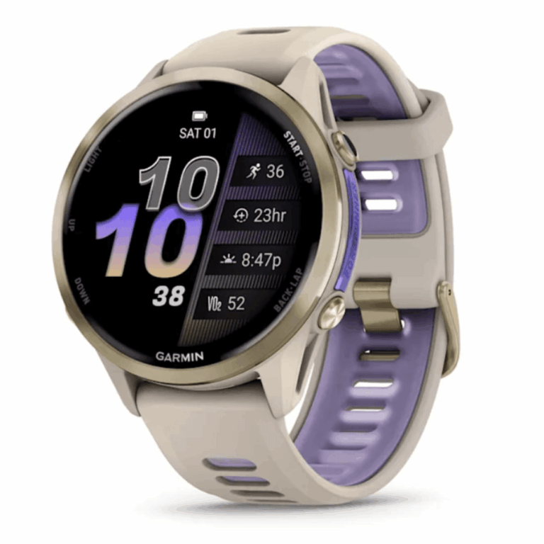 Relógio Garmin Forerunner 970 Cinza com pulseira branca translúcida índigo
