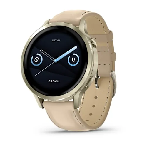 Relógio Garmin Venu 4 Ouro Lunar com pulseira de silicone marfim + pulseira de couro areia 41MM