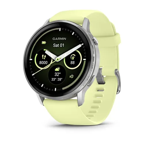 Relógio Garmin Venu 4 Prata com pulseira de silicone amarelo-lima 45MM