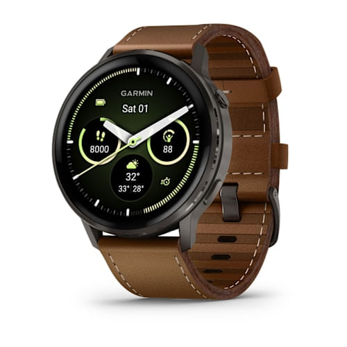 Relógio Garmin Venu 4 Ardósia com pulseira de silicone preta + pulseira de couro marrom 45MM